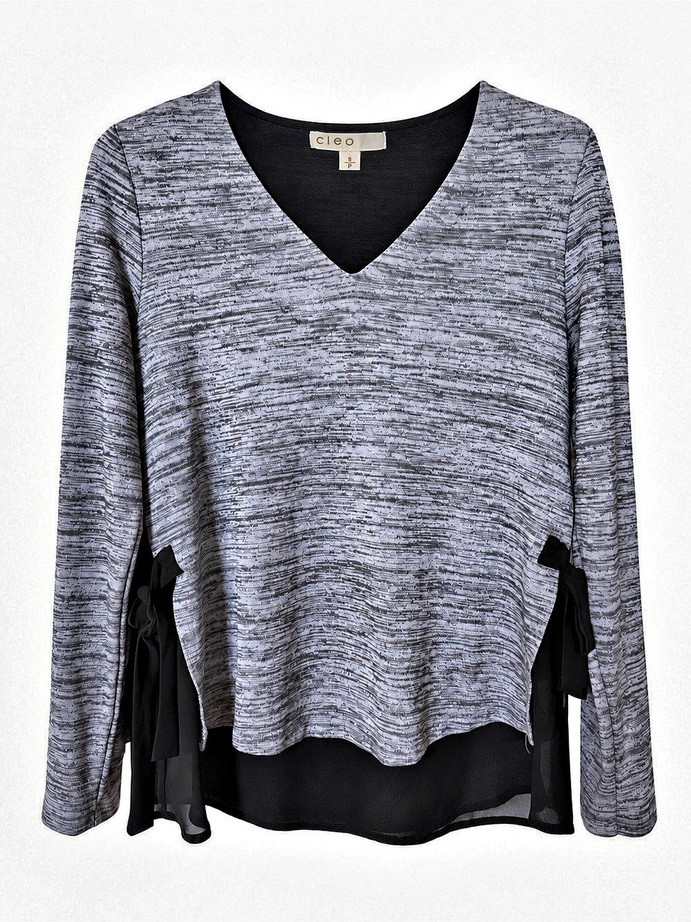 Cleo Grey Marled Knit Layered Chiffon Hem Tunic Side Tie Top Size S LIKE NEW